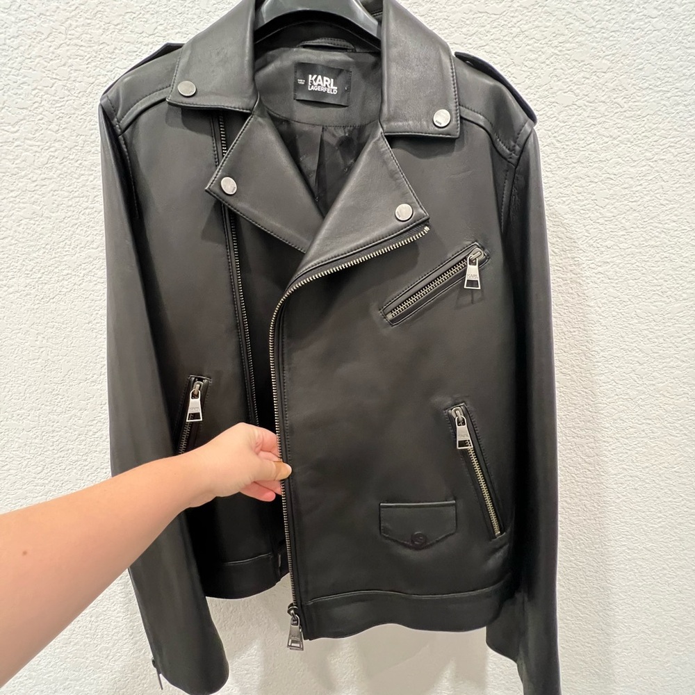 New 2025 Karl Lagerfeld Farfetch Men's Black Lambskin Leather Jacket Large L - Picture 4 of 9
